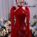 Áo dài cô dâu màu đỏ kết công AD001