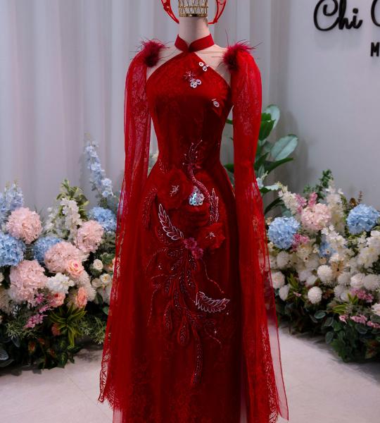 Áo dài cô dâu màu đỏ kết công AD001